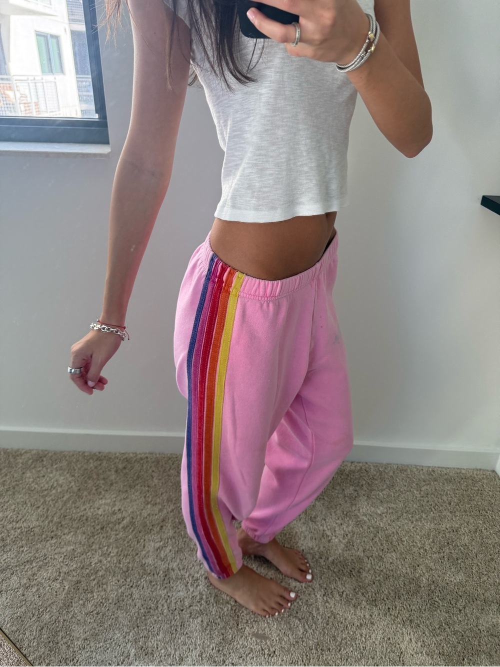 Aviator Nation Pink Joggers with Rainbow Side Stripes